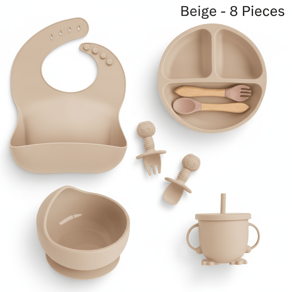 Cosy Snuggles Feeding Beige - 8 Pieces Baby Feeding Set – 6 or 8-Piece Silicone Tableware Collection