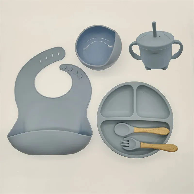 Cosy Snuggles Feeding Blue Grey - 6 Pieces Baby Feeding Set – 6 or 8-Piece Silicone Tableware Collection