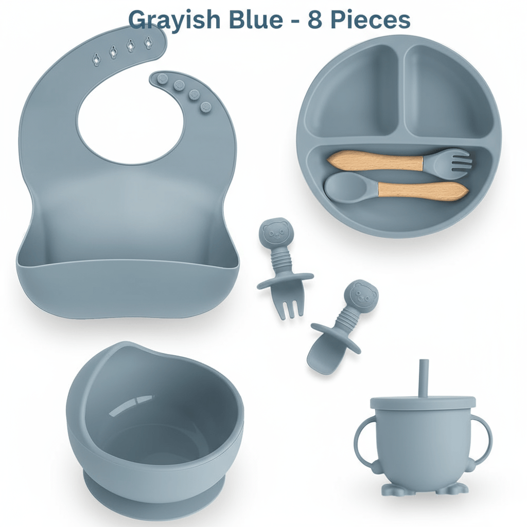 Cosy Snuggles Feeding Blue Grey - 8 Pieces Baby Feeding Set – 6 or 8-Piece Silicone Tableware Collection