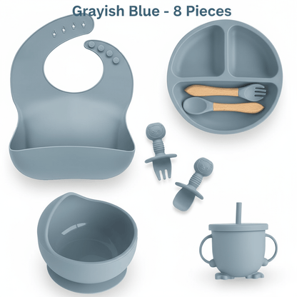 Cosy Snuggles Feeding Blue Grey - 8 Pieces Baby Feeding Set – 6 or 8-Piece Silicone Tableware Collection