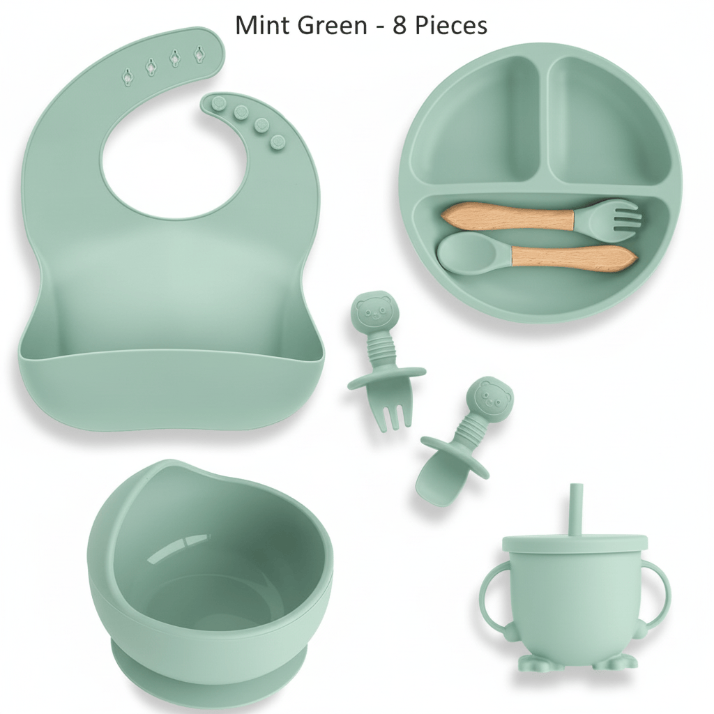 Cosy Snuggles Feeding Mint Green - 8 Pieces Baby Feeding Set – 6 or 8-Piece Silicone Tableware Collection