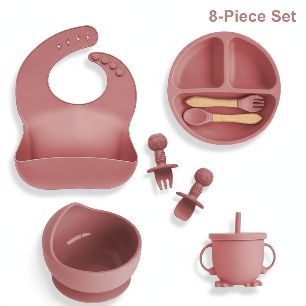 Cosy Snuggles Feeding Pink - 8 Pieces Baby Feeding Set – 6 or 8-Piece Silicone Tableware Collection