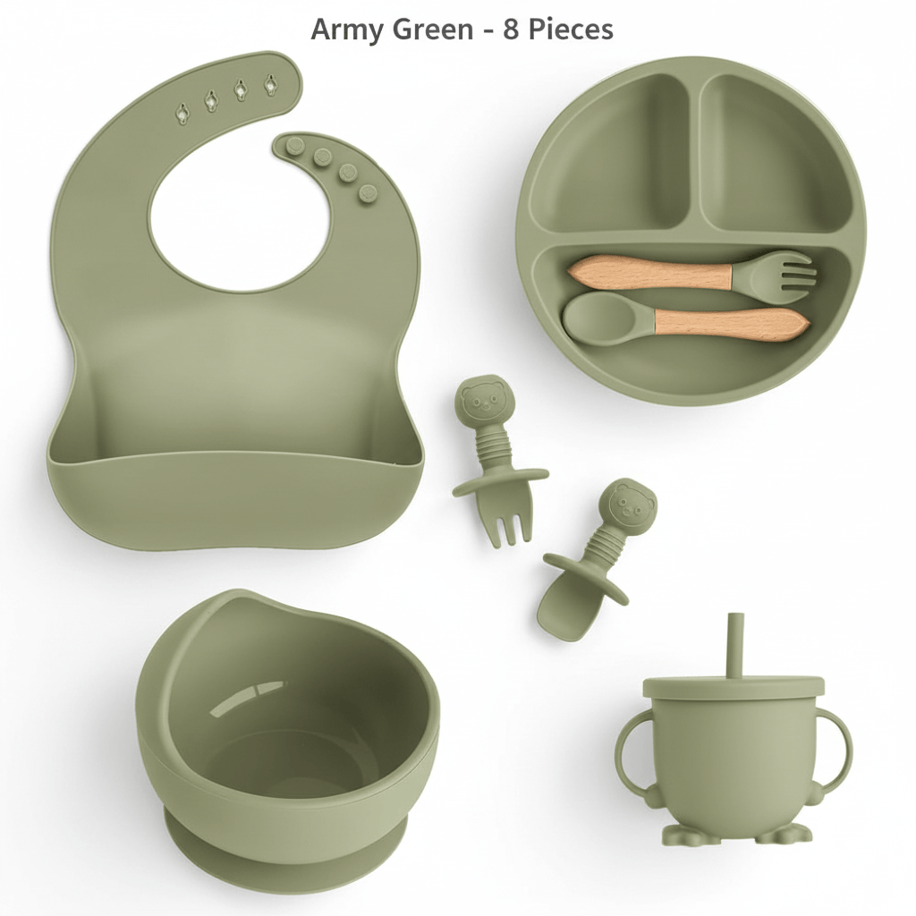 Cosy Snuggles Feeding Sage Green - 8 Pieces Baby Feeding Set – 6 or 8-Piece Silicone Tableware Collection