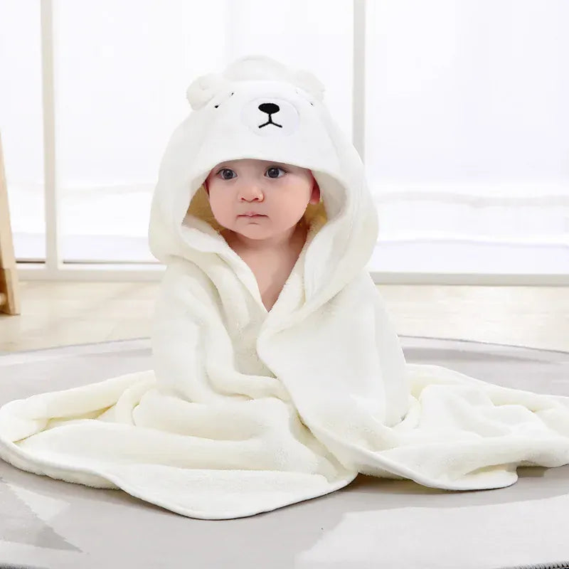Cosy Snuggles White Hooded Baby Bathrobe - Soft Coral Fleece Bath Towel
